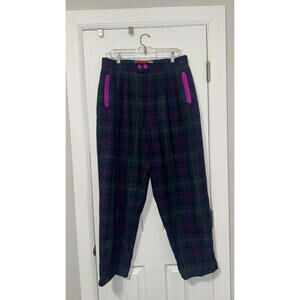 Vintage Purple and Green Tartan Pants 1980s 100% Pure Silk Exterior Size 34"